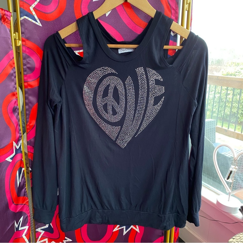 Lauren Moshi Crystal Love Cutout Cold Shoulder Long Sleeve Top Modal Embellished